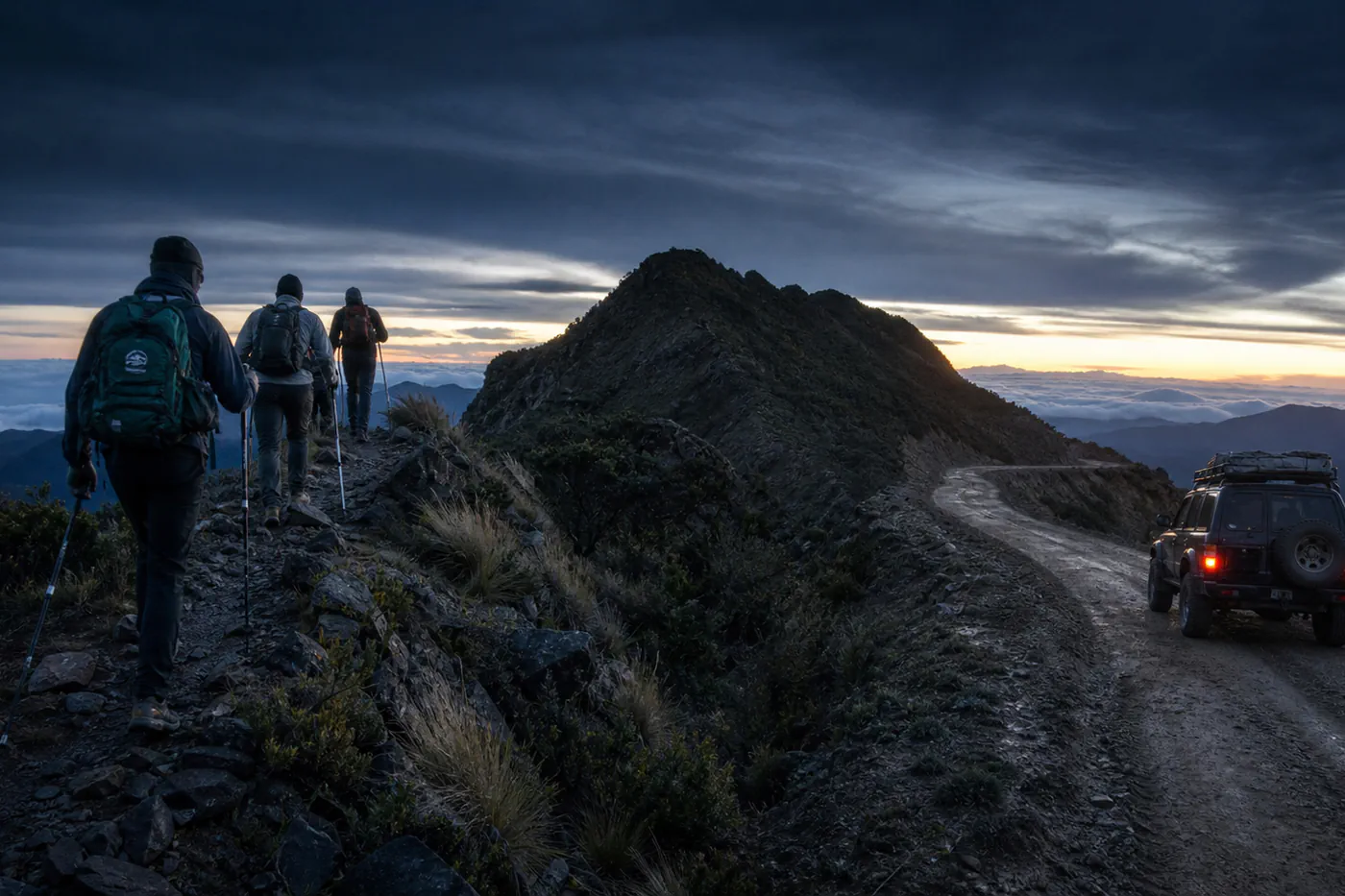 Predawn mountain access scene with hikers on one ridge path and a rugged 4x4 route climbing toward Volcan Baru under stars