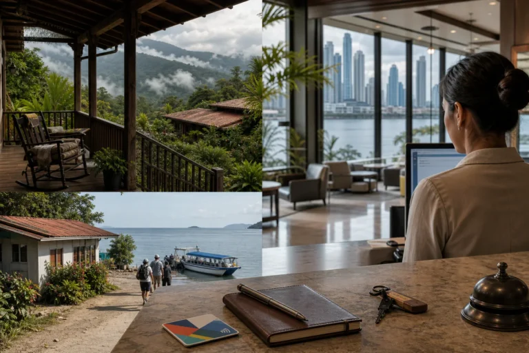 Editorial scene with a Panama City hotel desk, a Boquete lodge porch, and a simple Pacific coast guesthouse arranged as one trip-planning collage