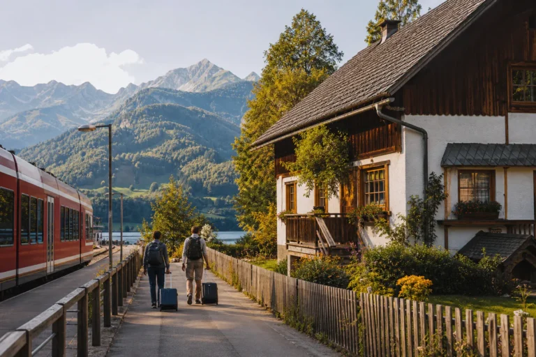 Two travelers rolling small suitcases from a red regional train toward a traditional alpine guesthouse beside the station