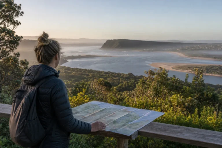 Traveler comparing an unlabeled map from a quiet overlook above a forested lagoon and the Garden Route coast