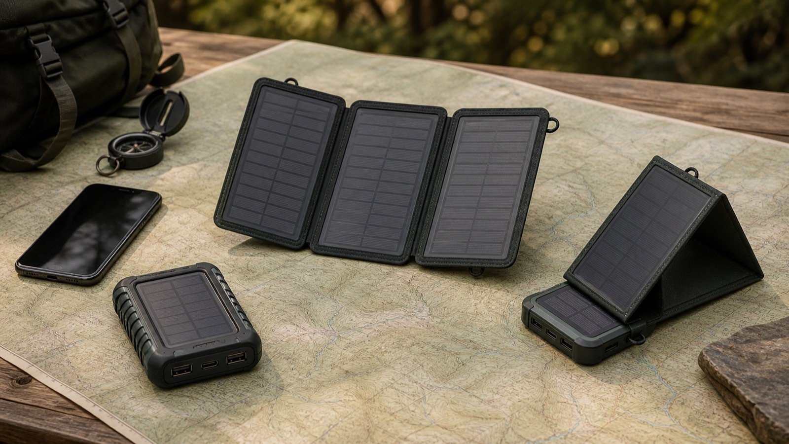 Illustration of power banks with small built-in solar panels beside a larger fold-out solar panel on a map